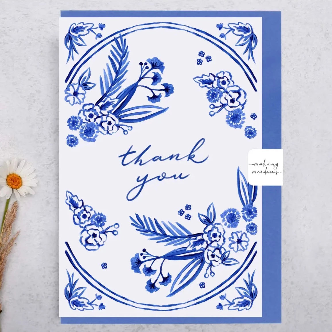 "Thank You" Blue Hand Painted Flowers Greeting Card