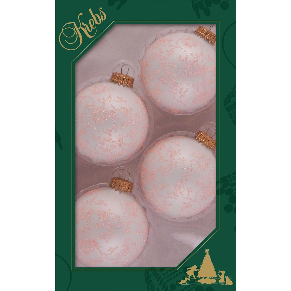 White with Coral Lace Glass Ball Ornaments - Set of 4