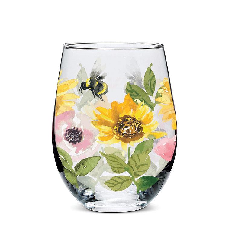 Sunflower Bees Stemless Wine Glass | Putti Fine Furnishings Canada