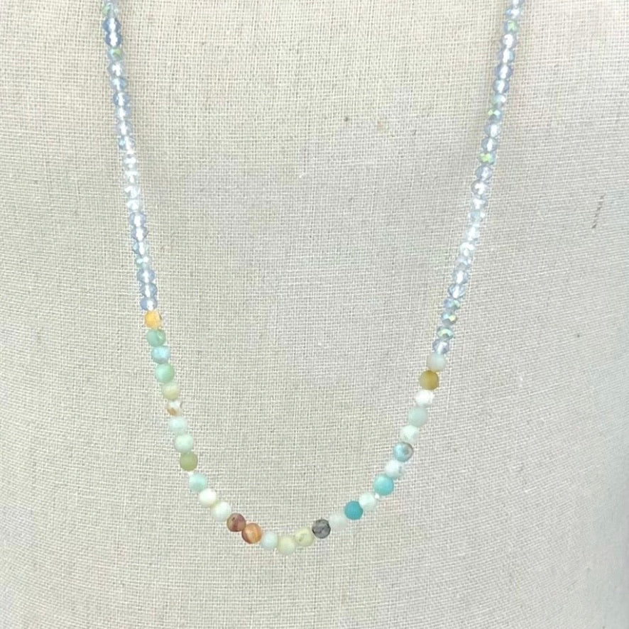 Light Green Agate with Blue Crystals Long Necklace