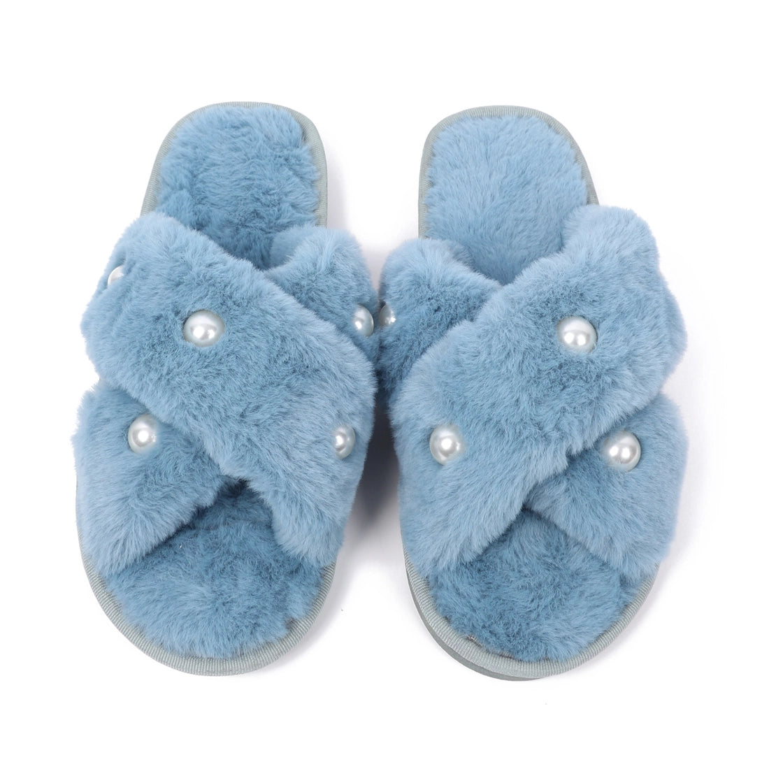 "The Belle" Faux Fur & Pearl Slippers - Blue | Putti Fine Fashions