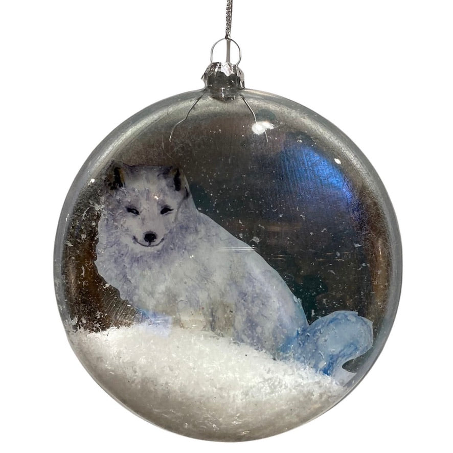 White Fox Disc with Snow Glass Ornament | Putti Christmas