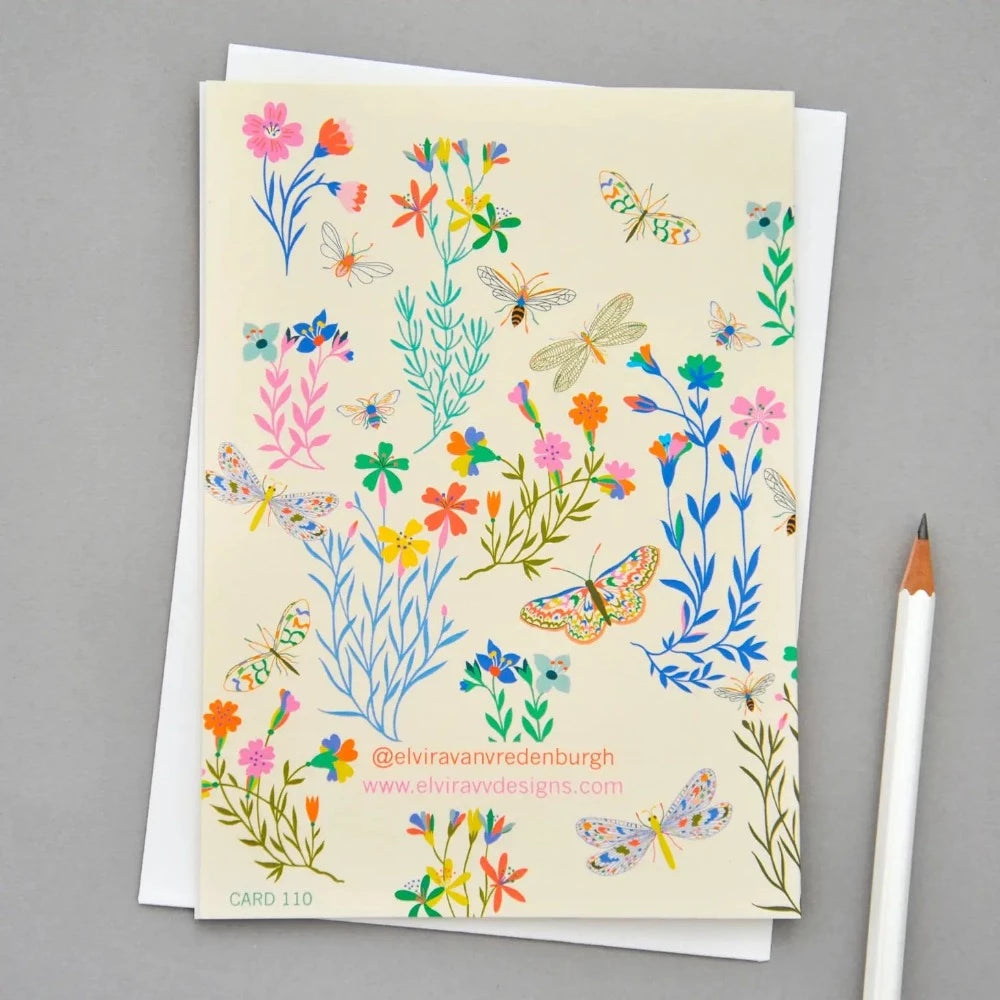 Flowers, Butterflies and Bees Greetings Card