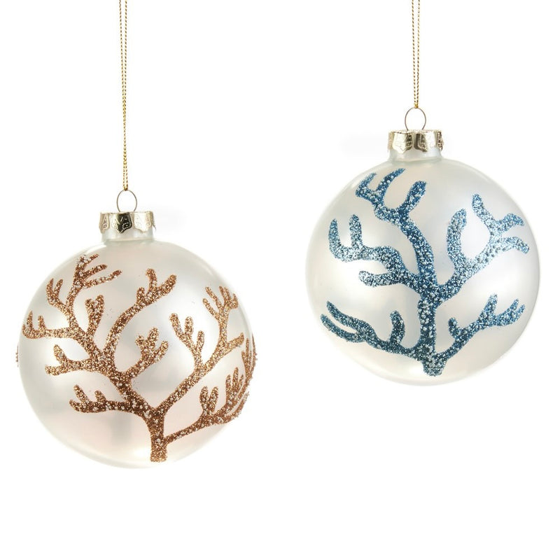 Blue Glittered Coral Glass Ball Ornament