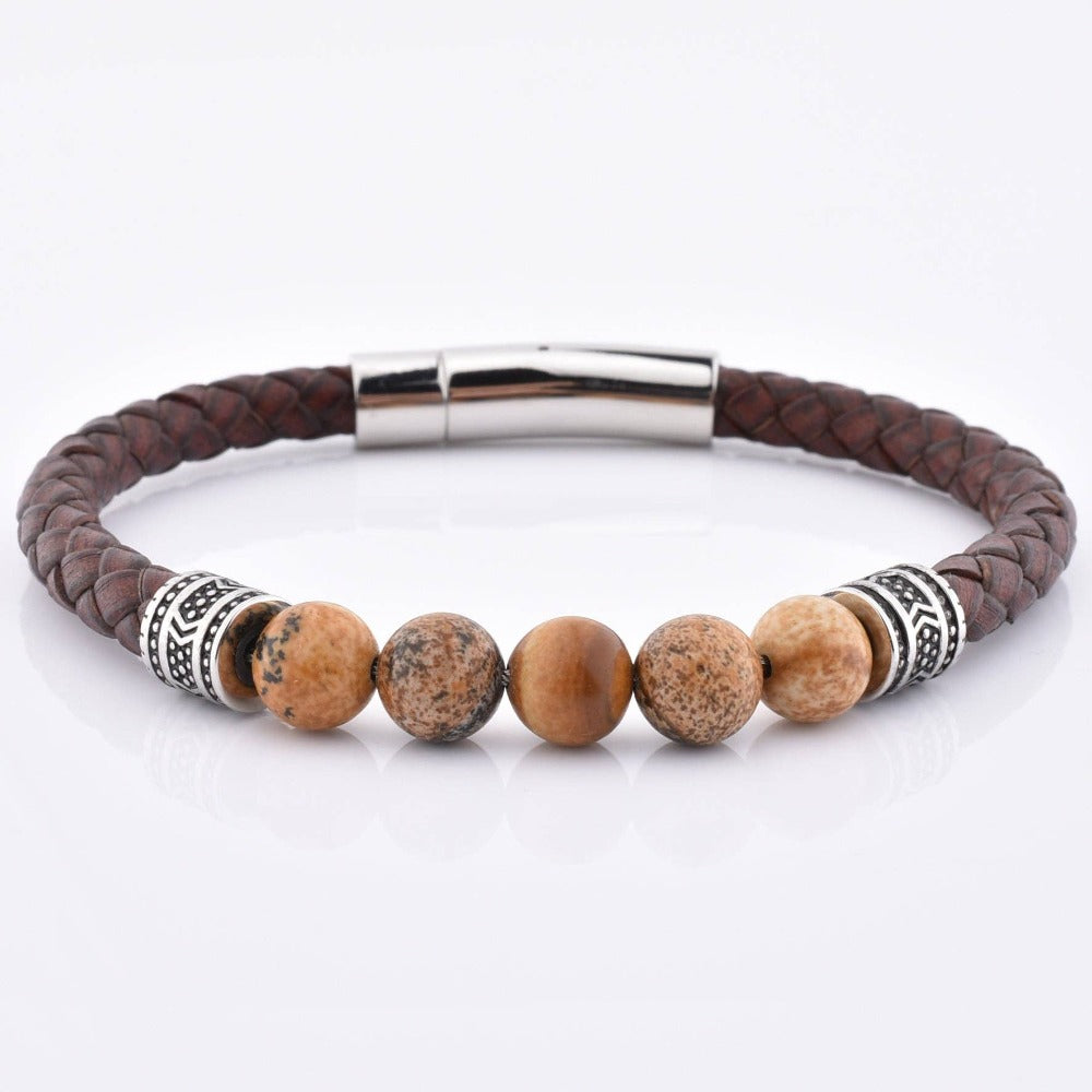 Glen Ogal - Natural Wood Stone Beaded Leather Bracelet