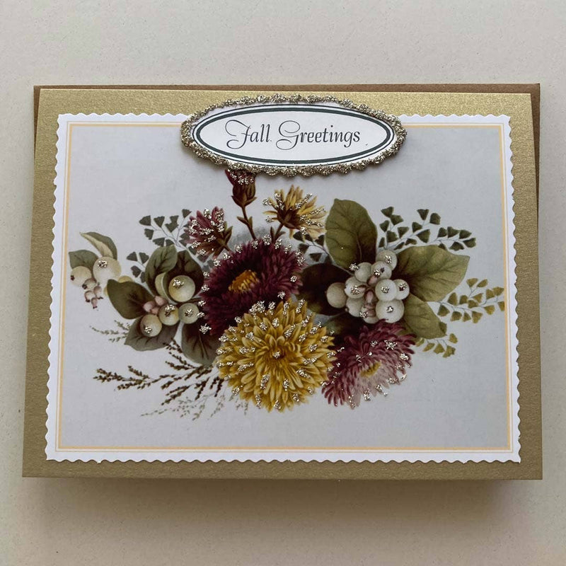 Hand Glittered "Fall Greetings" Asters Greeting Card