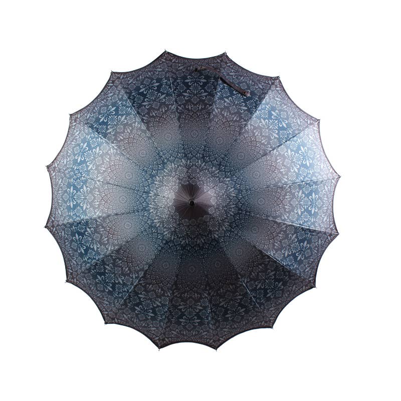 Boutique Patterned Pagoda Umbrella with Scalloped Edge - Charcoal