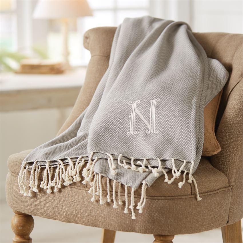 Monogrammed Herringbone Throw - Initial T, MP-Mud Pie, Putti Fine Furnishings