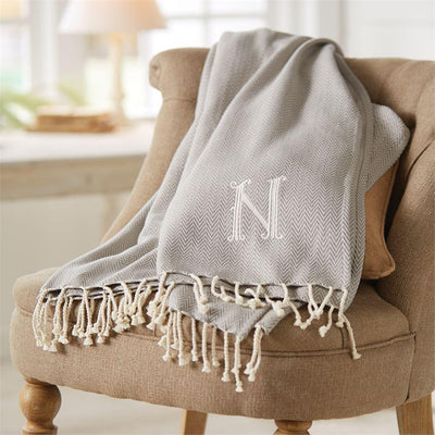 Monogrammed Herringbone Throw - Initial T, MP-Mud Pie, Putti Fine Furnishings