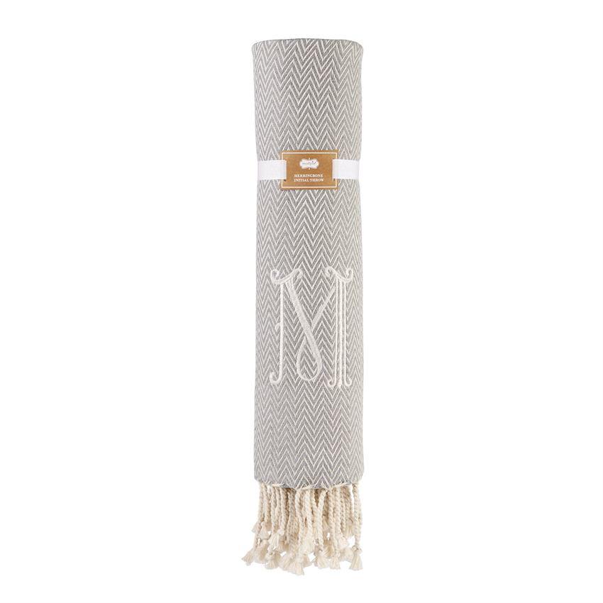 Monogrammed Herringbone Throw - Initial T, MP-Mud Pie, Putti Fine Furnishings