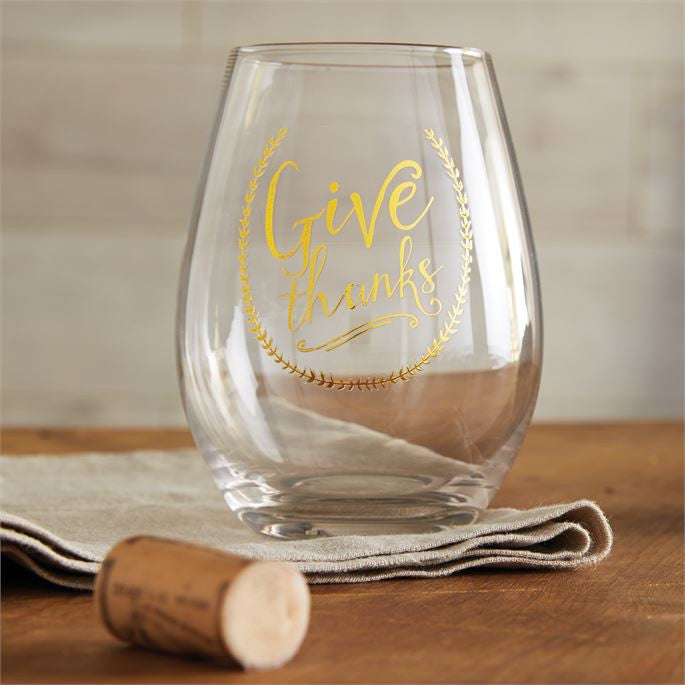 "Give Thanks" Stemless Wine Glass, MP-Mud Pie, Putti Fine Furnishings