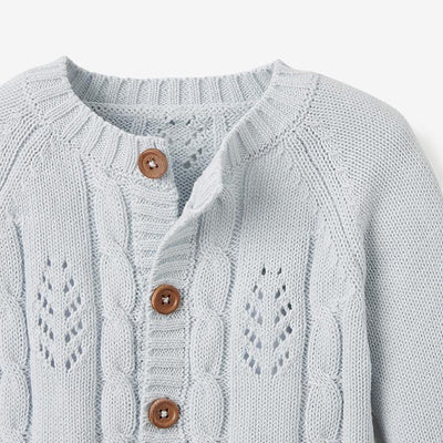 Elegant Baby Leaf Pointelle Knit Cardigan - Pale Blue | Le Petite Putti Canada