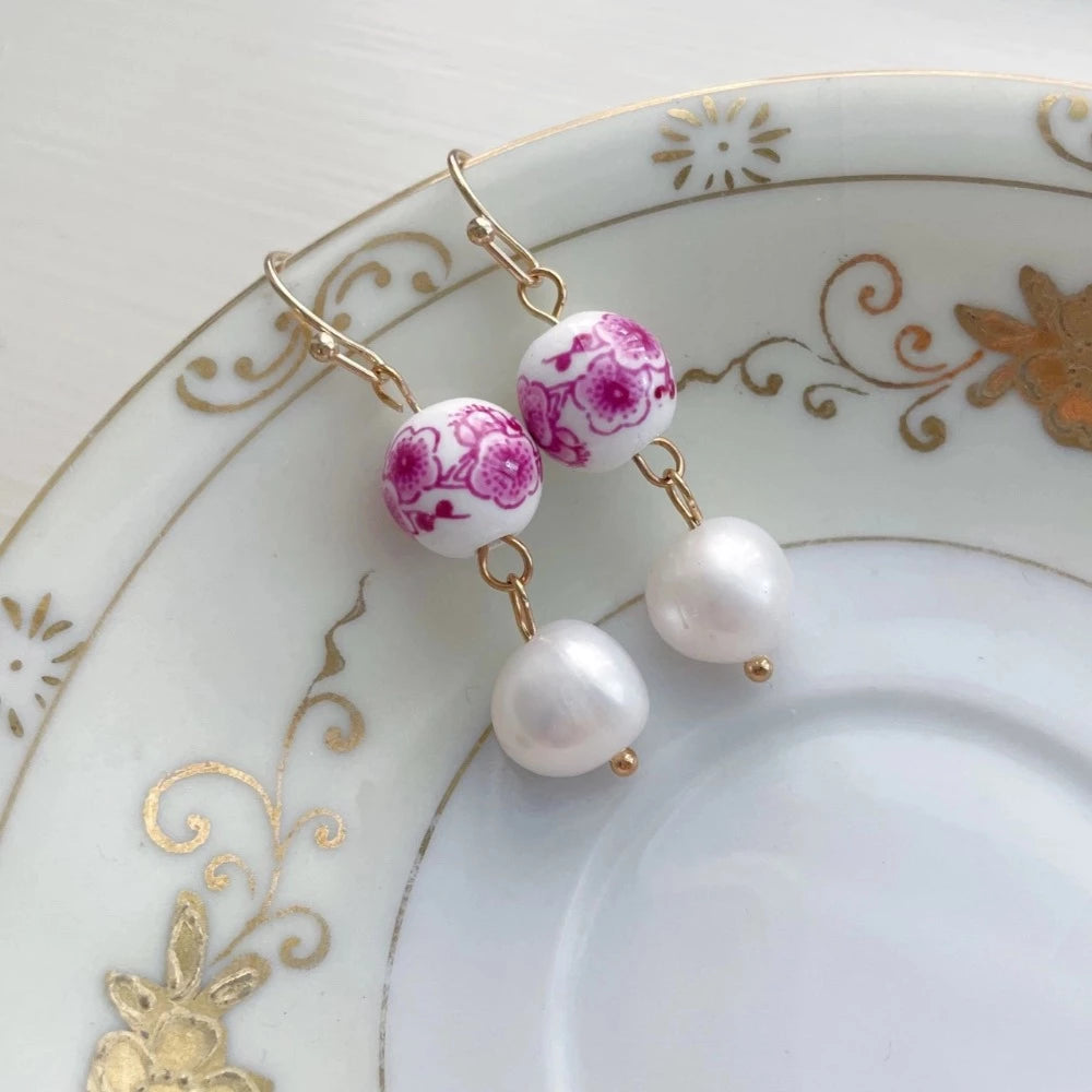 Chinoiserie Pearl Earrings - Hot Pink | Putti Fine Fashions Canada