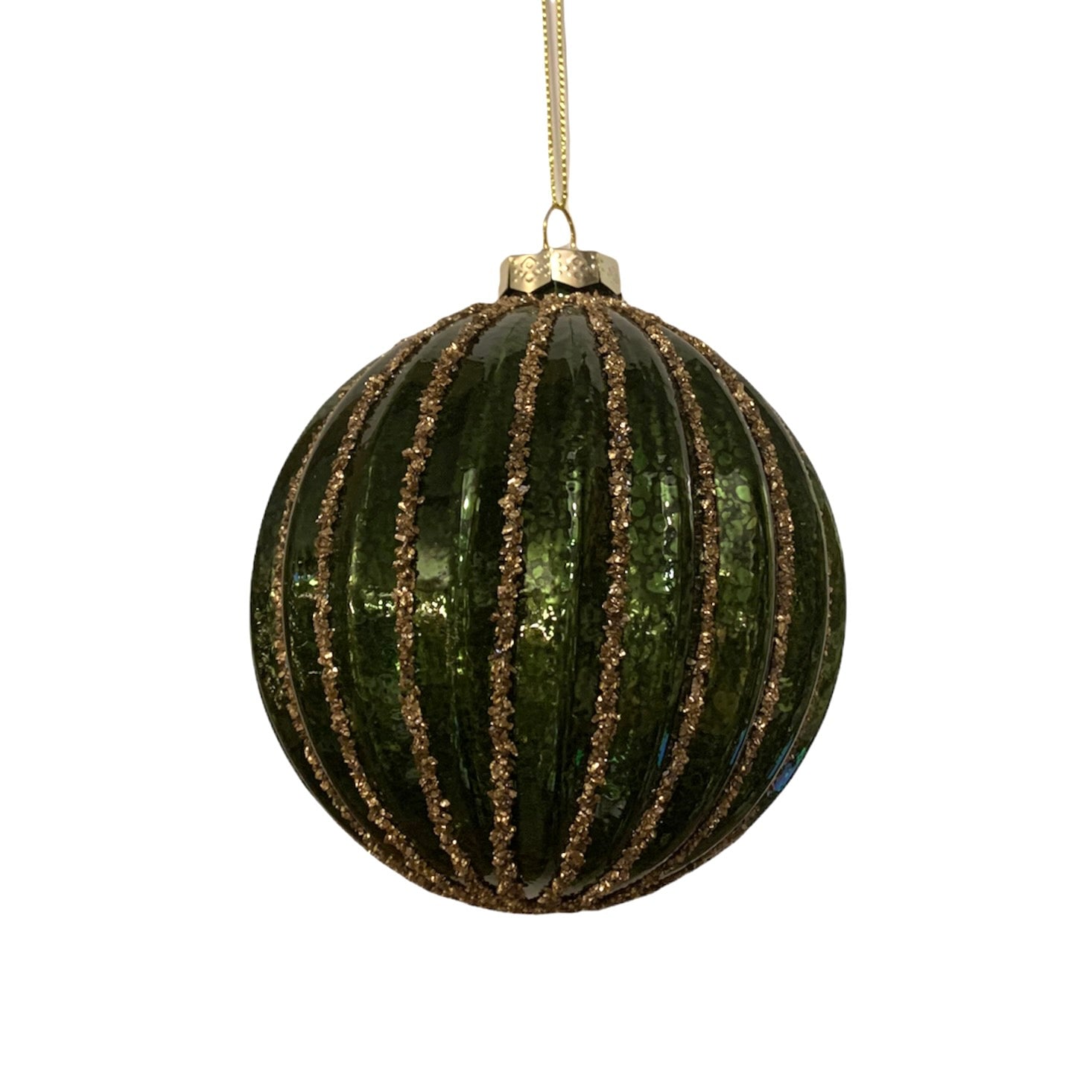 Ridged Green with Gold Glitter Glass Ball Ornament