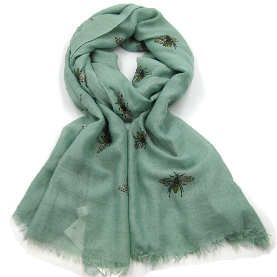 Glitter Bee Print Scarf - Dark Green - Putti Fine Furnishings