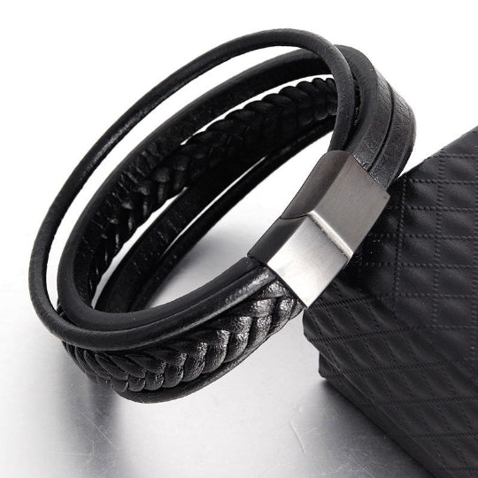 Multi Braided Black Leather Men's Bracelet