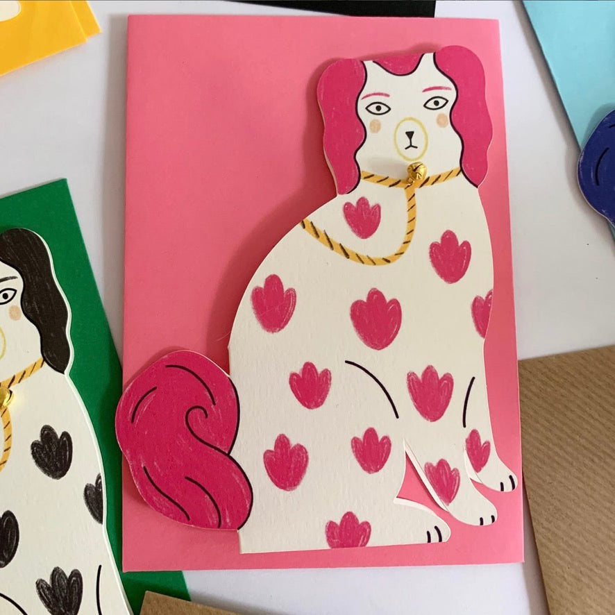 Staffordshire Pottery Dog Card - Pink Hearts