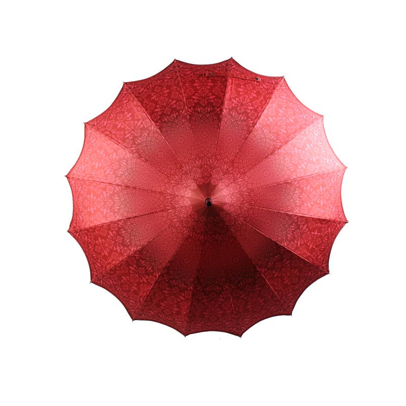 Boutique Patterned Pagoda Umbrella with Scalloped Edge - Red