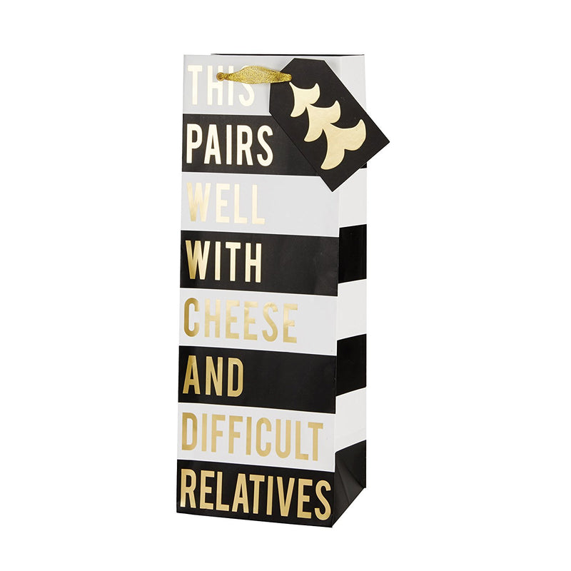 Embellished Bottle Gift Bag - "This pairs with cheese and difficult relatives", CRG-CR Gibson, Putti Fine Furnishings