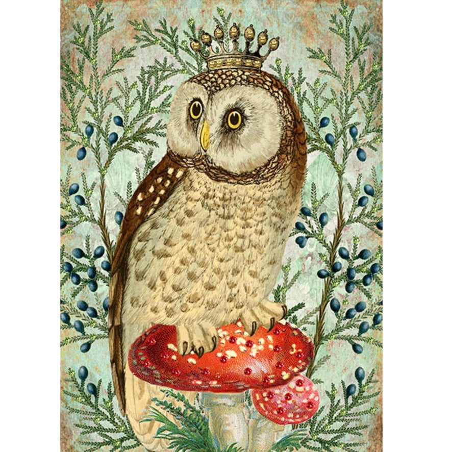 Owl with Toadstool Hand Glittered Christmas Card | Putti Christmas Canada