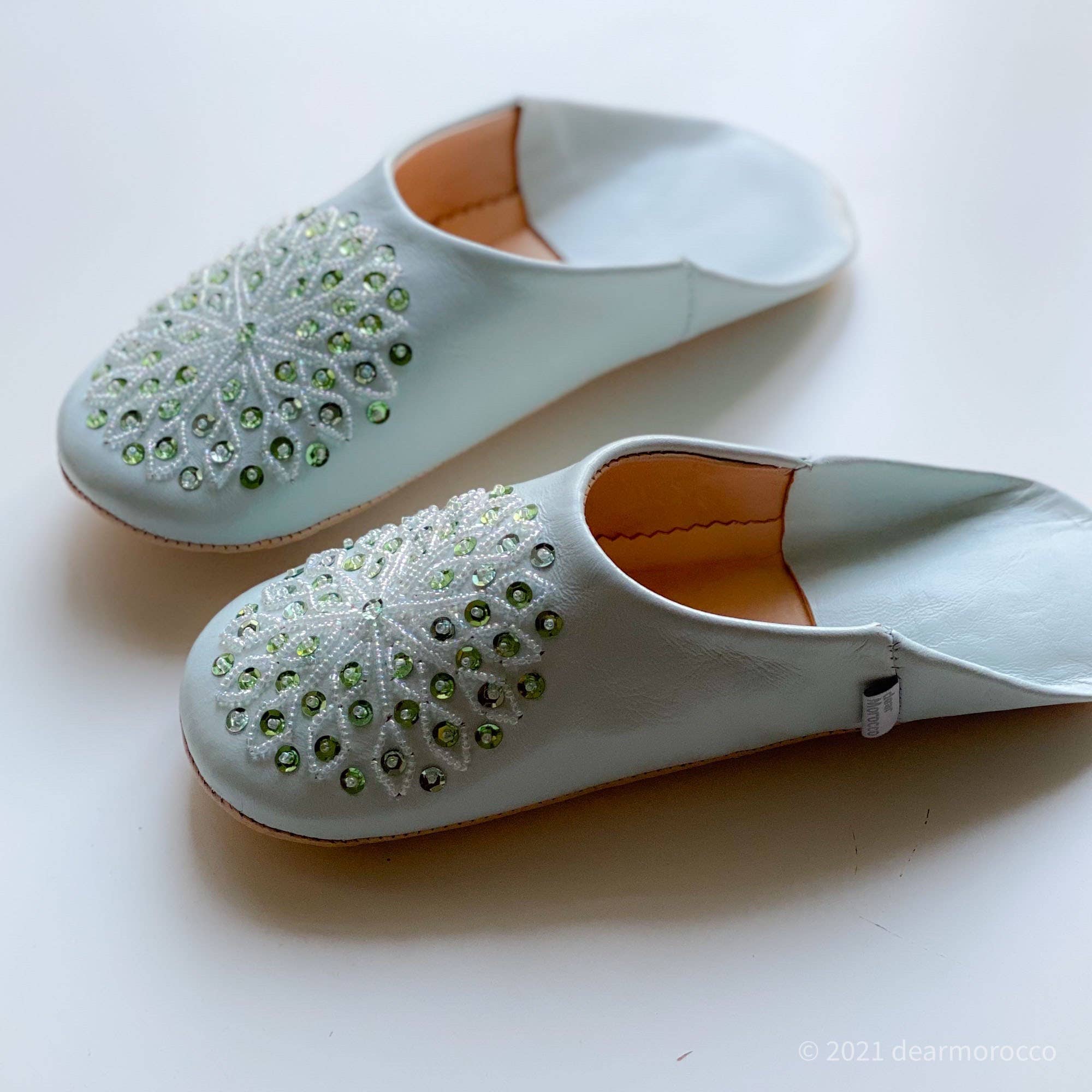 Moroccan Leather Babouche Slipper with Beads - Pale blue