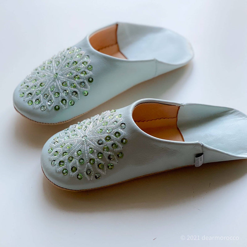 Moroccan Leather Babouche Slipper with Beads - Pale blue