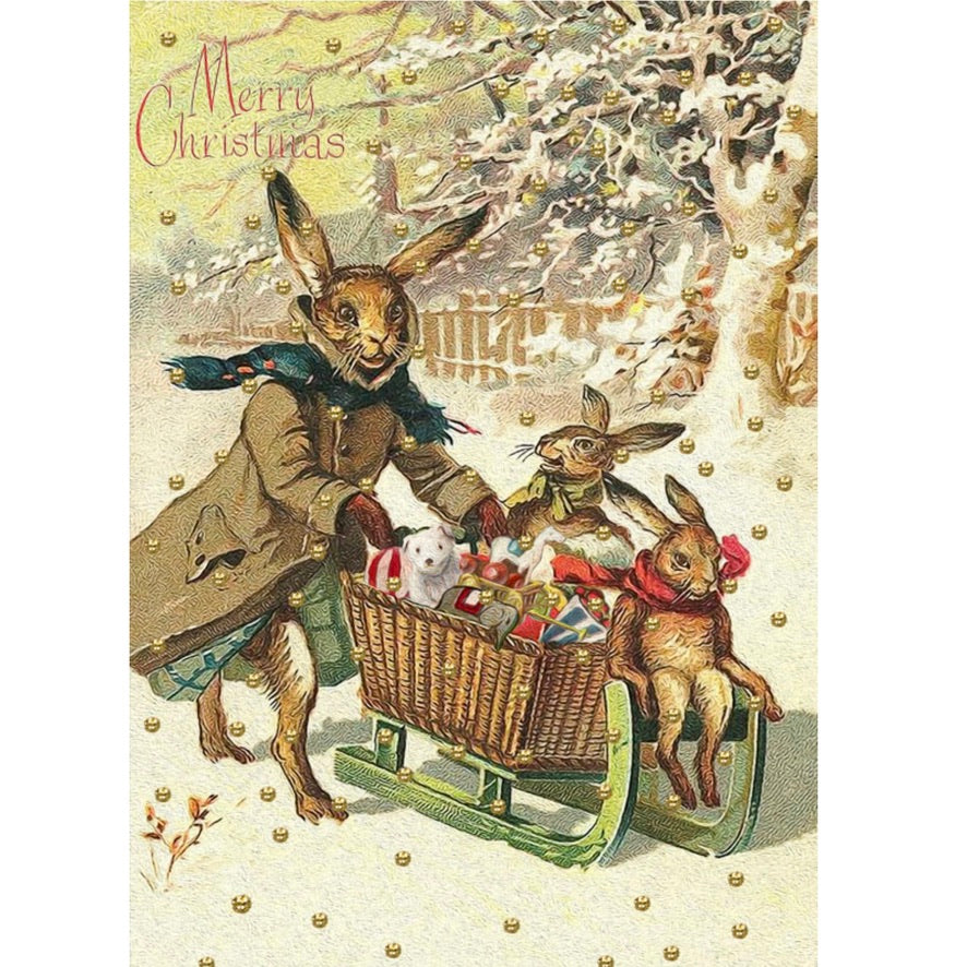 Hare with Sleigh Hand Glittered Christmas Card