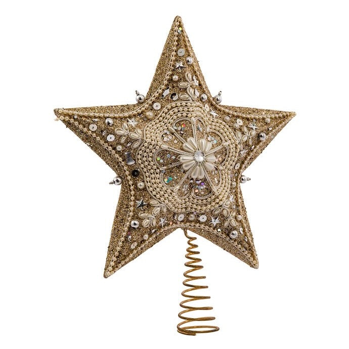 Kurt Adler Gold and Platinum Beaded Star Tree Toper | Putti Christmas