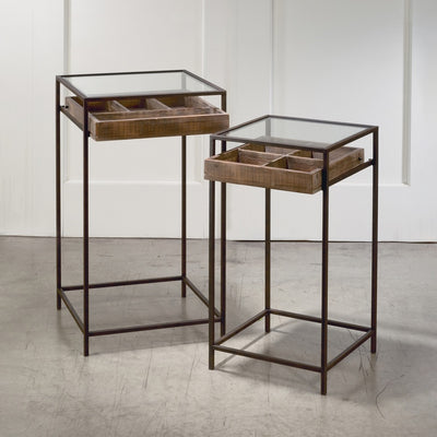 Side Table with Glass Top and Wood Divided Drawer - Small