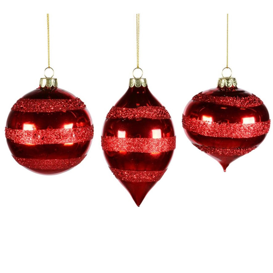 Shiny Red with Glitter bands Glass Ball Christmas Ornament | Putti Christmas