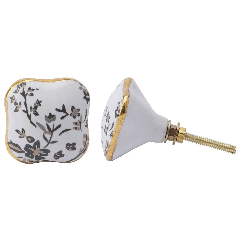 White and Grey Floral Ceramic Drawer Pull | Putti Fine Furnishings 