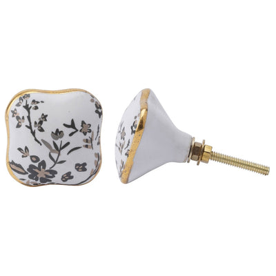 White and Grey Floral Ceramic Drawer Pull | Putti Fine Furnishings
