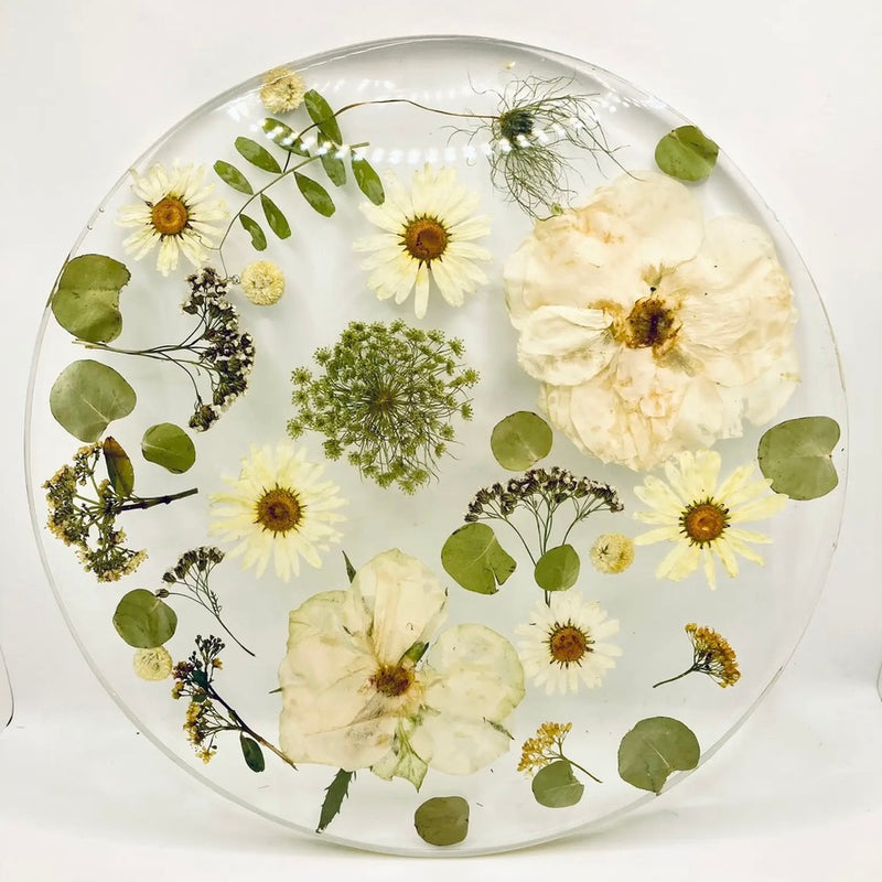 Resin Display Platter with White Pressed Flowers | Putti Fine Furnishings Canada