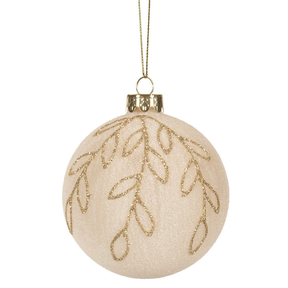 Sugared Ivory with Gold Leaves Glass Ball Ornament