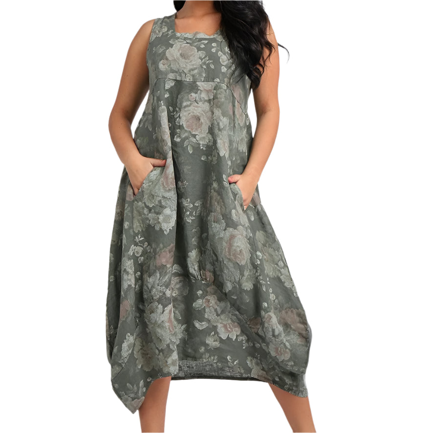 Floral Sleeveless Linen Dress - CHARCOAL
