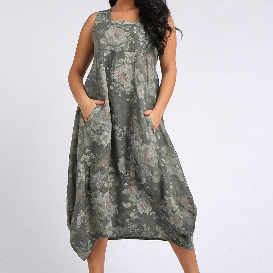 Floral Sleeveless Linen Dress - Khaki