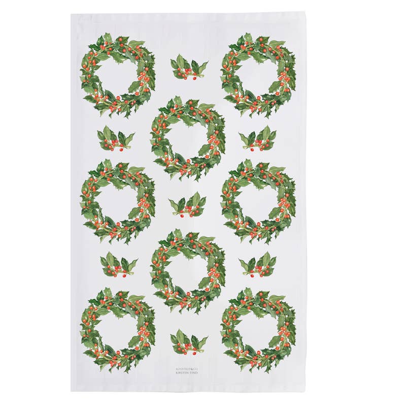 Holly Wreaths Tea Towel