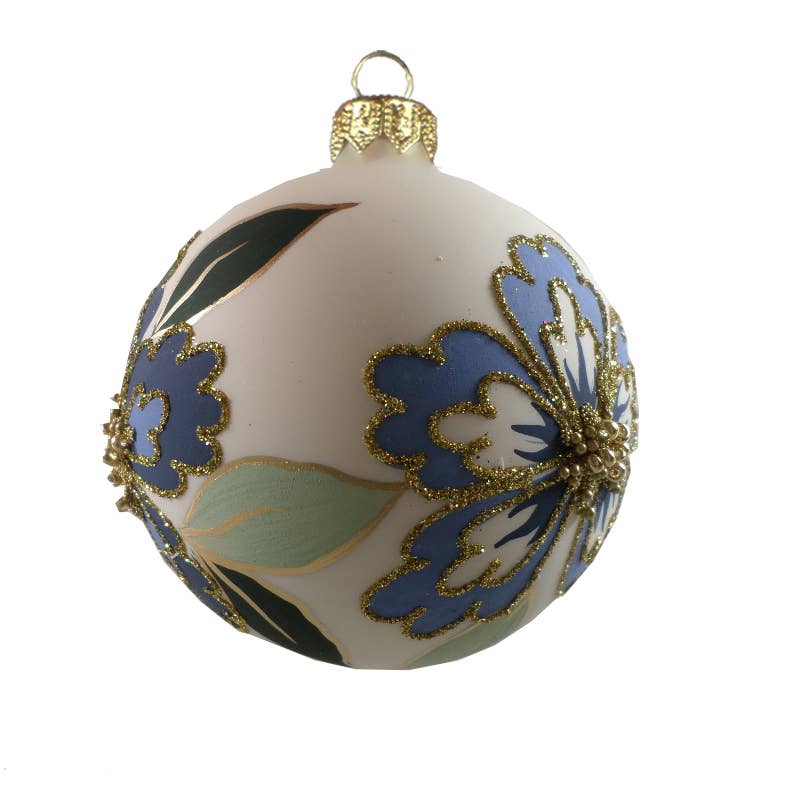 Hand Painted Blue Flower Glss Ball Christmas Ornament