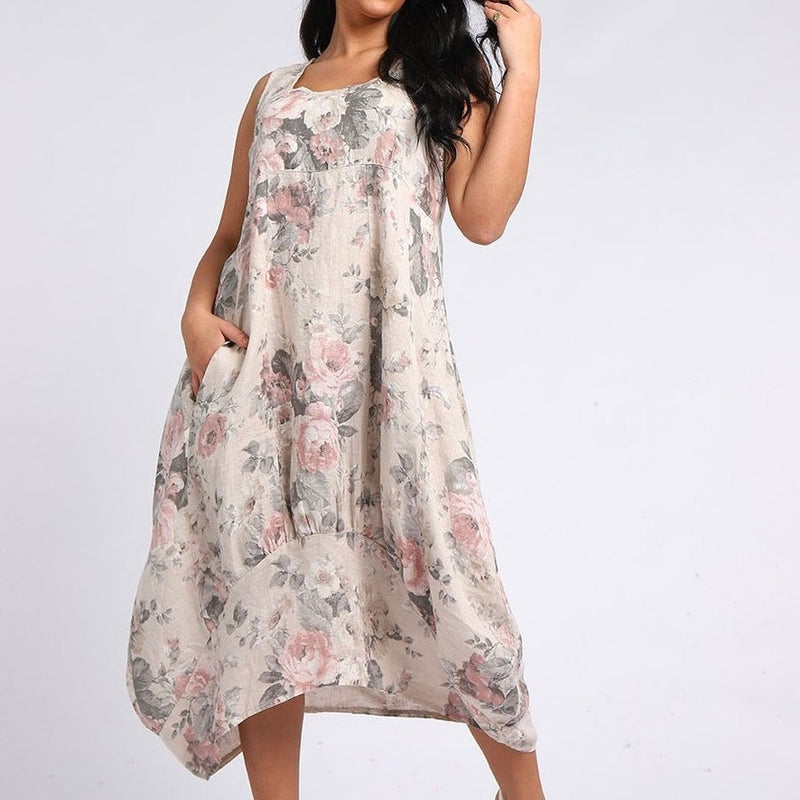 Floral Sleeveless Linen Dress - Beige