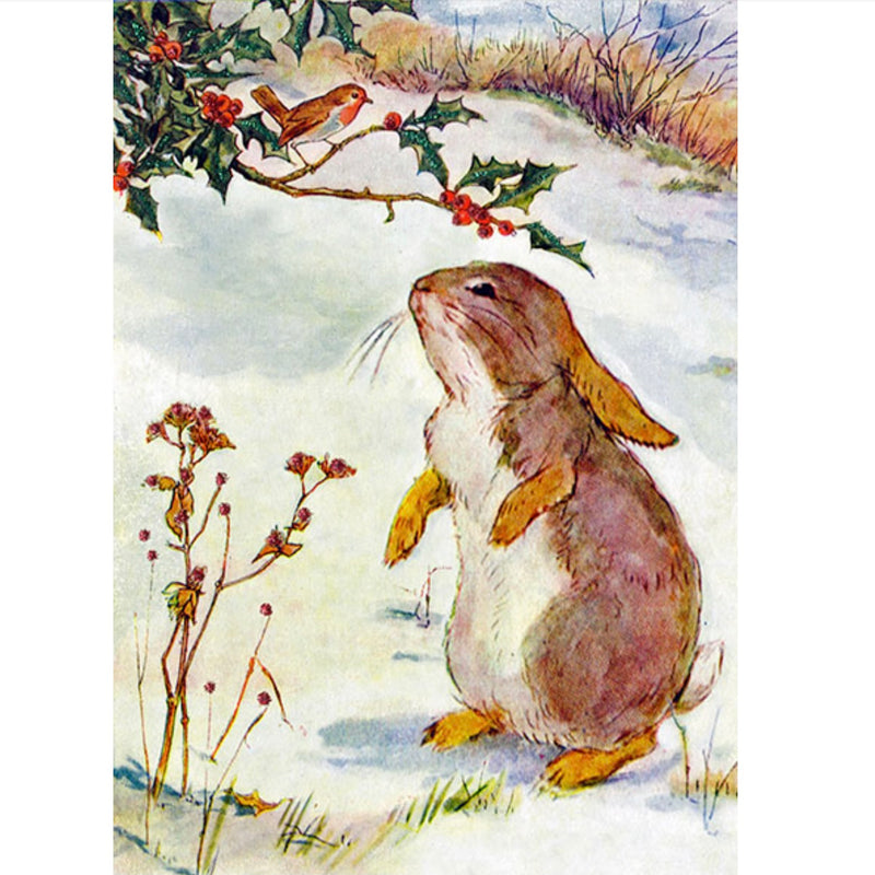 Bunny with Robin Hand Glittered Christmas Card