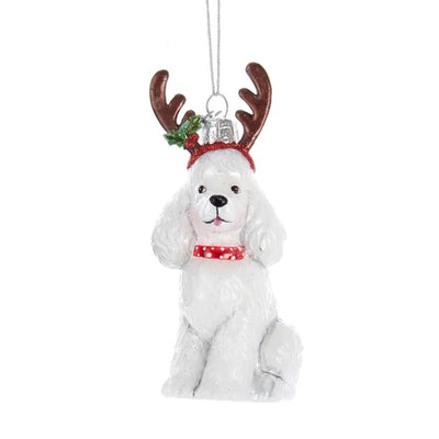 Kurt Adler White Poodle with Antlers Glass Ornament | Putti Christmas
