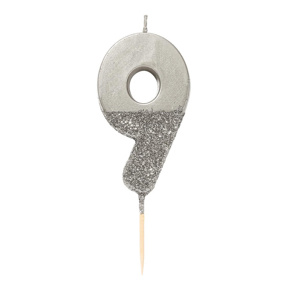 Silver Glitter Number Candle - Nine