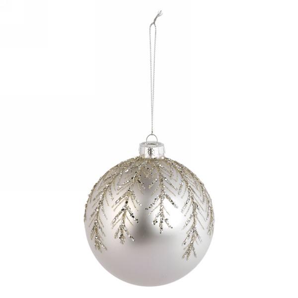 Matte White Glass Christmas 4" Ball Ornament with Silver Glitter Leaves | Putti