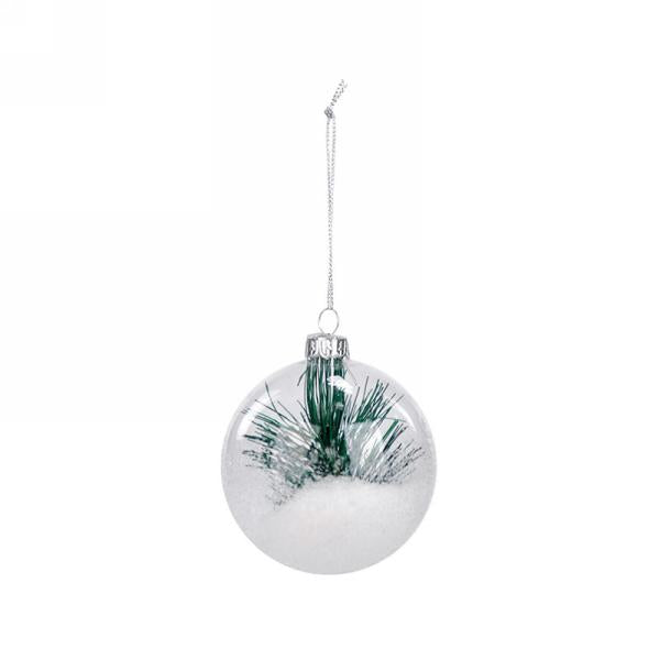 Clear Glass Christmas Ball Ornament with Snow and Pine