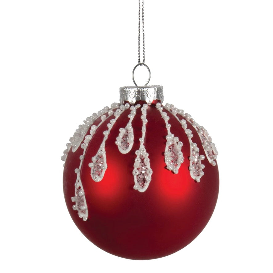 Red with White Beaded Drips Glass Ornament | Putti Christmas