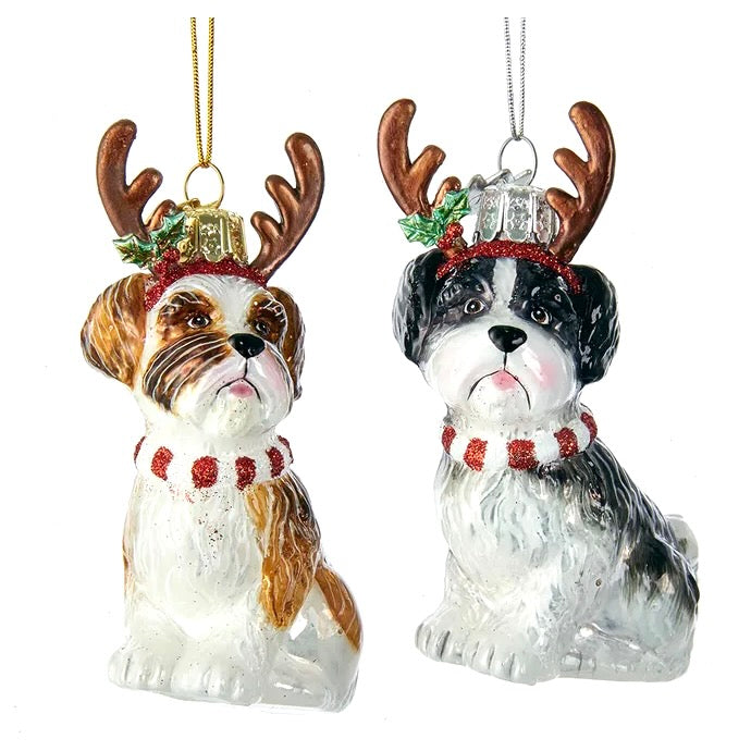 Kurt Adler Brown Shih-Tzu with Antlers Glass Ornament