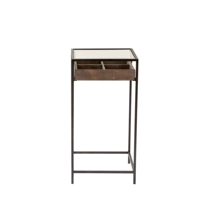 Side Table with Glass Top and Wood Divided Drawer - Small