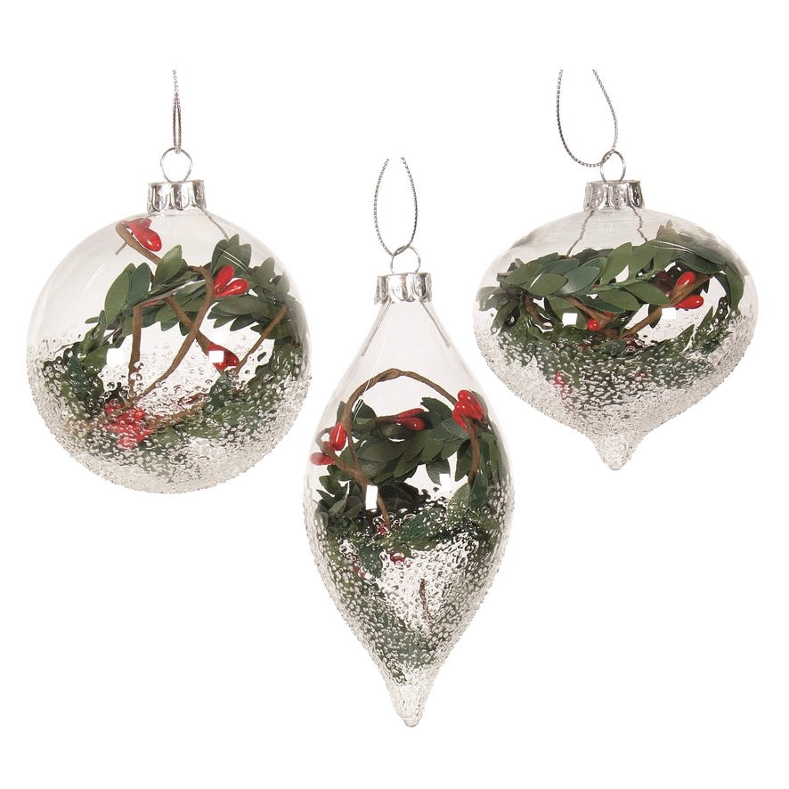Clear Frosted Glass Ornament with red Berries | Putti Christmas Canada