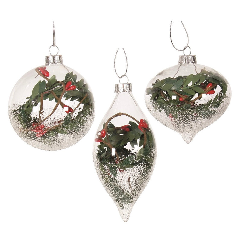 Clear Frosted Glass Ornament with red Berries | Putti Christmas Canada