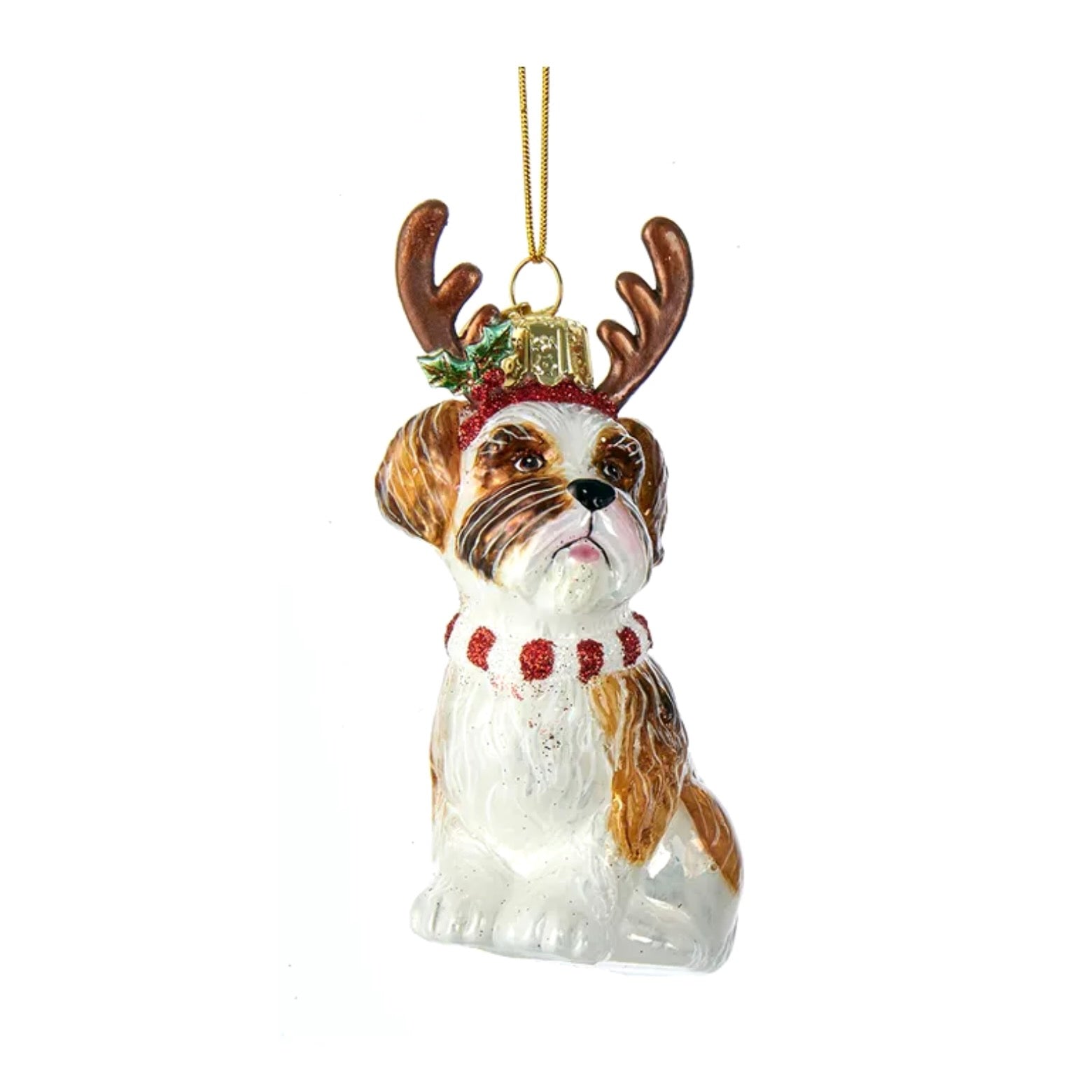 Kurt Adler Brown Shih-Tzu with Antlers Glass Ornament